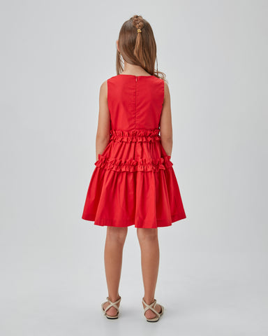 VESTIDO RODADO TRICOLINE C BABADOS VERMELHO