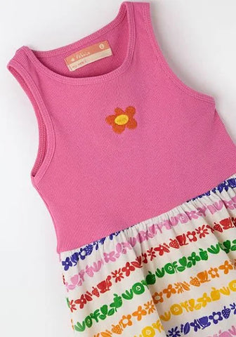 VESTIDO RIBANA LISTRA JARDINZIN FABULA ROSA/BRANCO