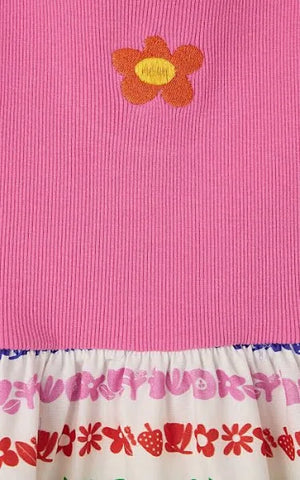 VESTIDO RIBANA LISTRA JARDINZIN FABULA ROSA/BRANCO