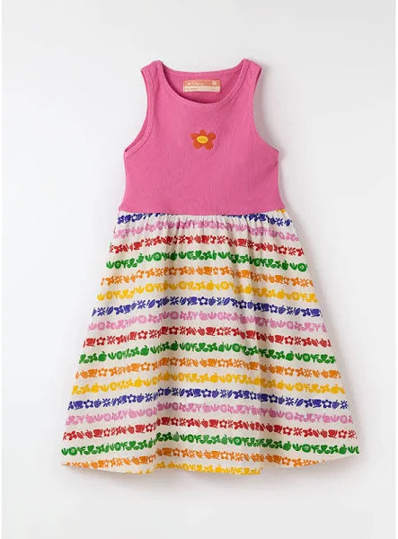 VESTIDO RIBANA LISTRA JARDINZIN FABULA ROSA/BRANCO