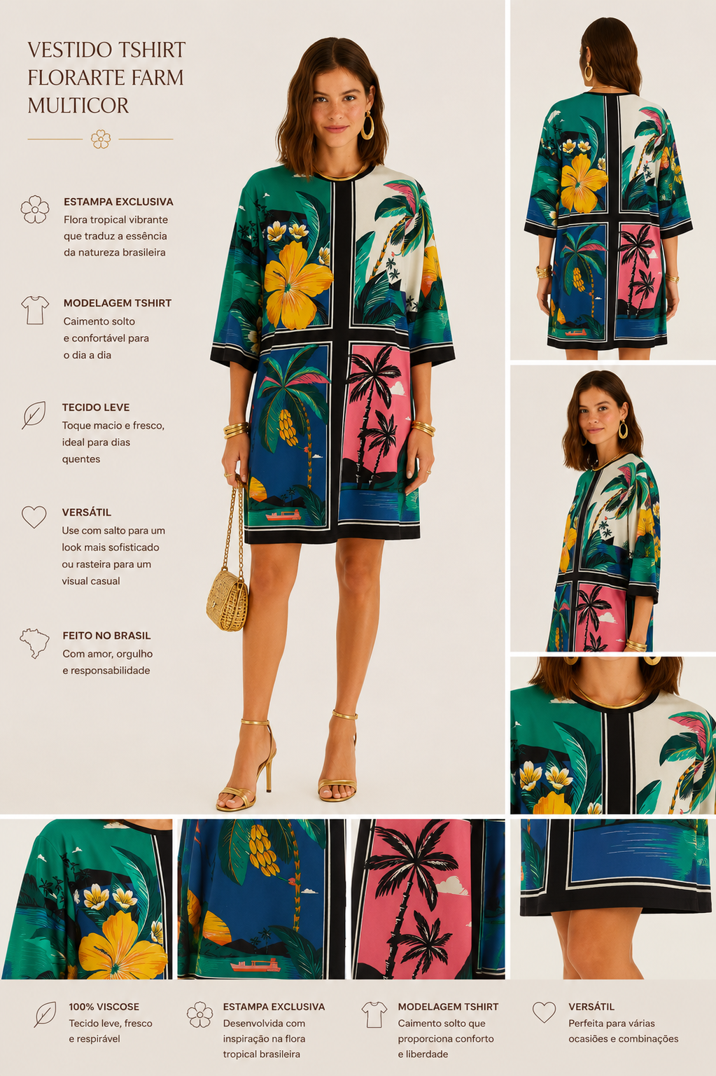 VESTIDO TSHIRT BIG OASIS LENCO FARM ESTAMPADO