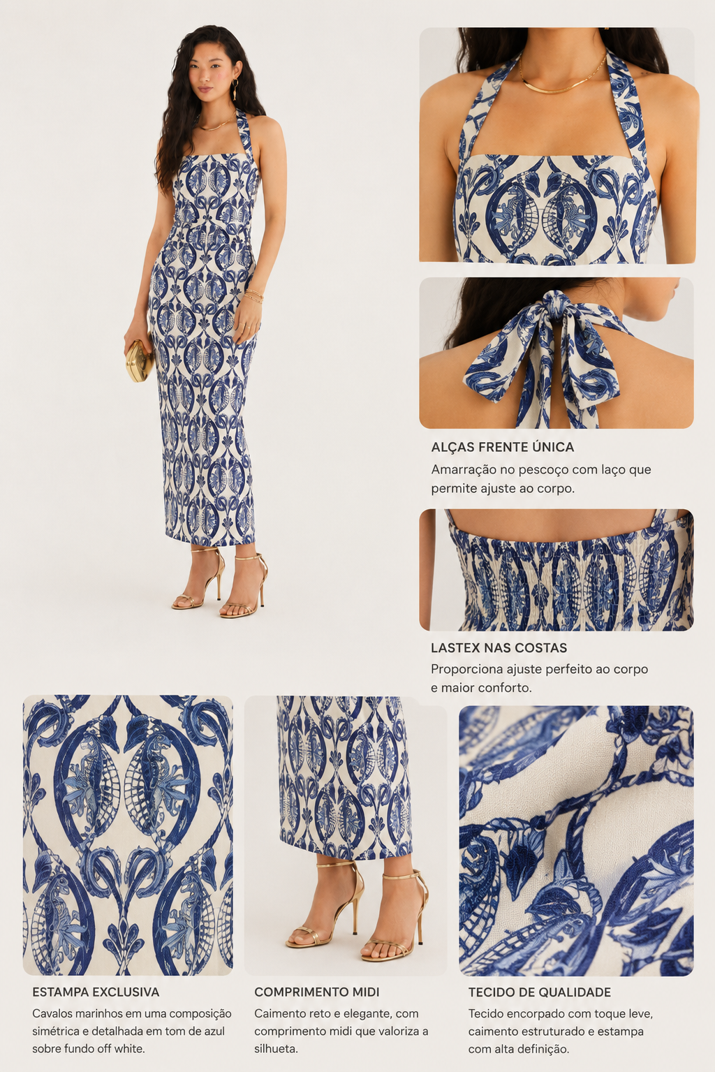 VESTIDO CAVALOS MARINHOS FARM OFF WHITE/AZUL