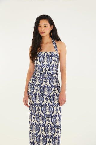 VESTIDO CAVALOS MARINHOS FARM OFF WHITE/AZUL