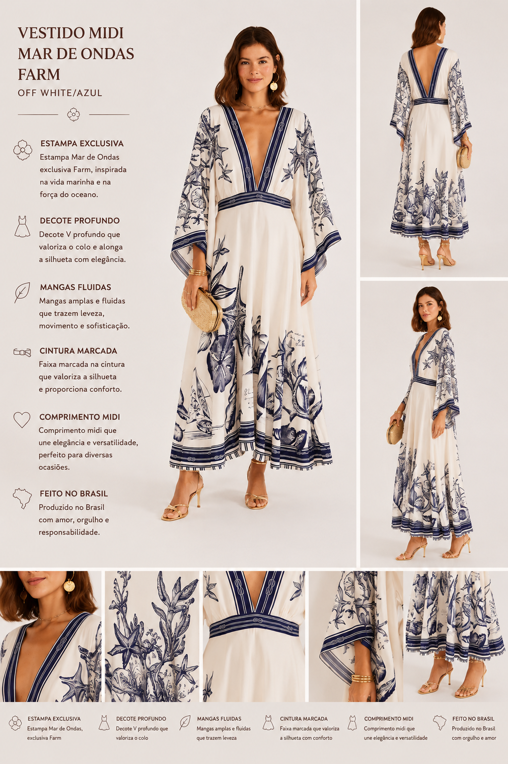 VESTIDO MIDI MAR DE ONDAS FARM OFF WHITE/AZUL