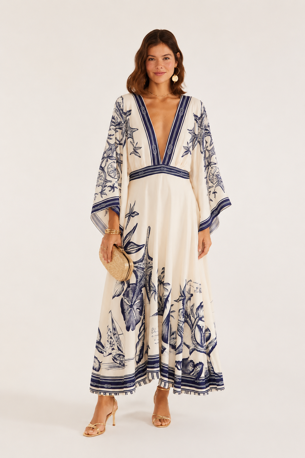 VESTIDO MIDI MAR DE ONDAS FARM OFF WHITE/AZUL