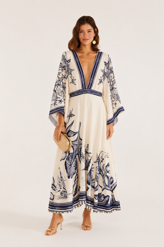 VESTIDO MIDI MAR DE ONDAS FARM OFF WHITE/AZUL