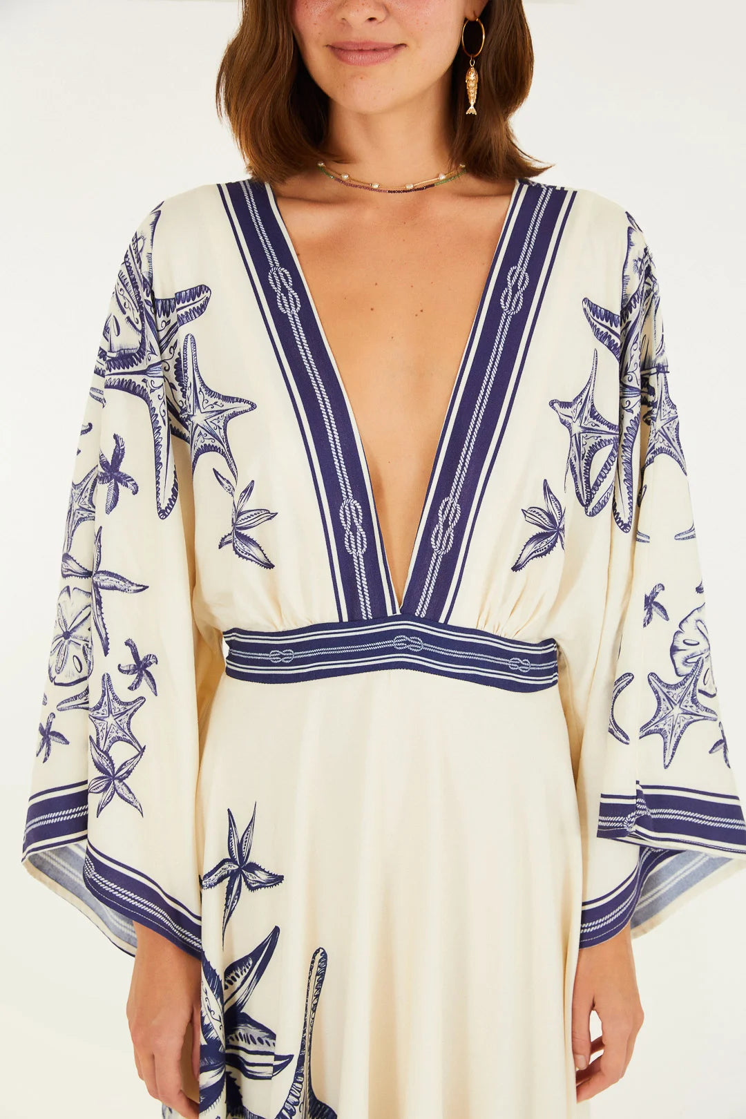VESTIDO MIDI MAR DE ONDAS FARM OFF WHITE/AZUL