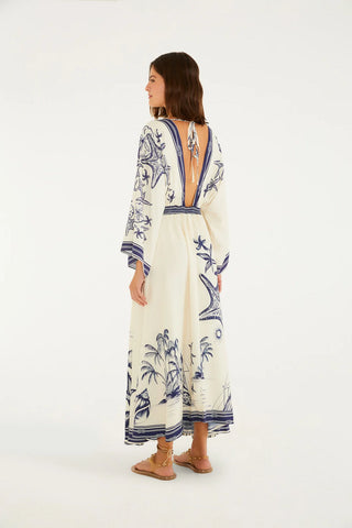 VESTIDO MIDI MAR DE ONDAS FARM OFF WHITE/AZUL