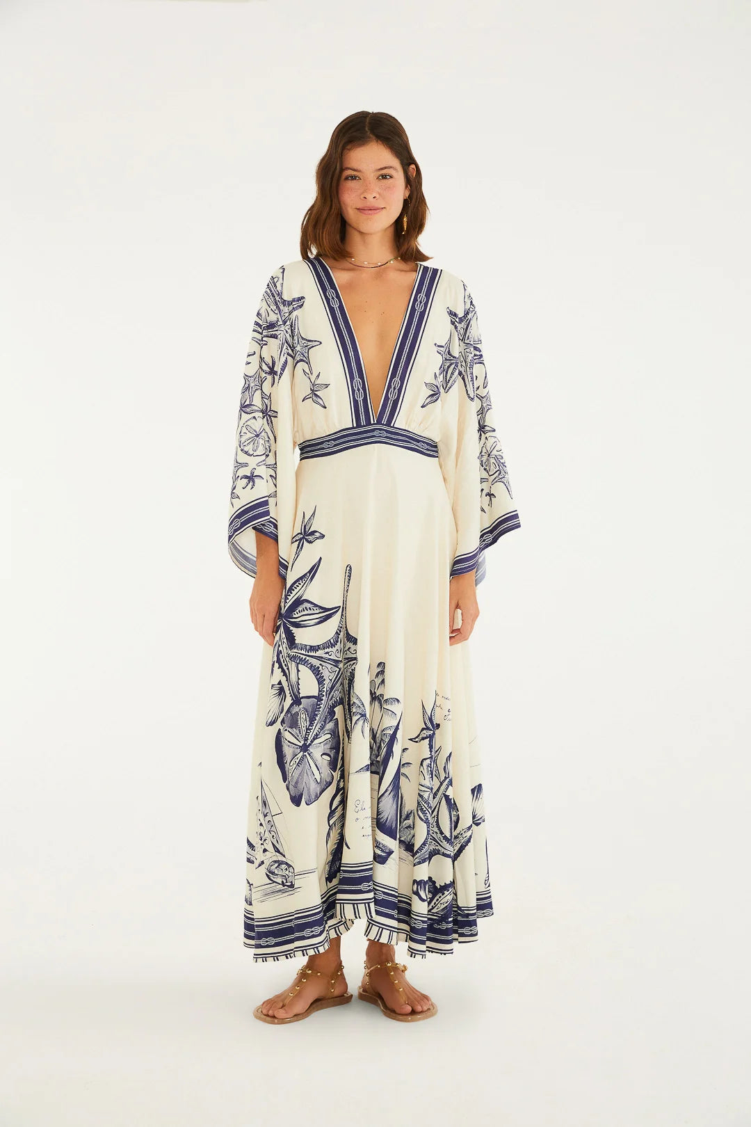 VESTIDO MIDI MAR DE ONDAS FARM OFF WHITE/AZUL
