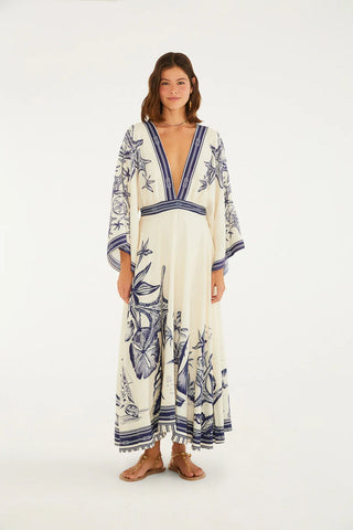 VESTIDO MIDI MAR DE ONDAS FARM OFF WHITE/AZUL