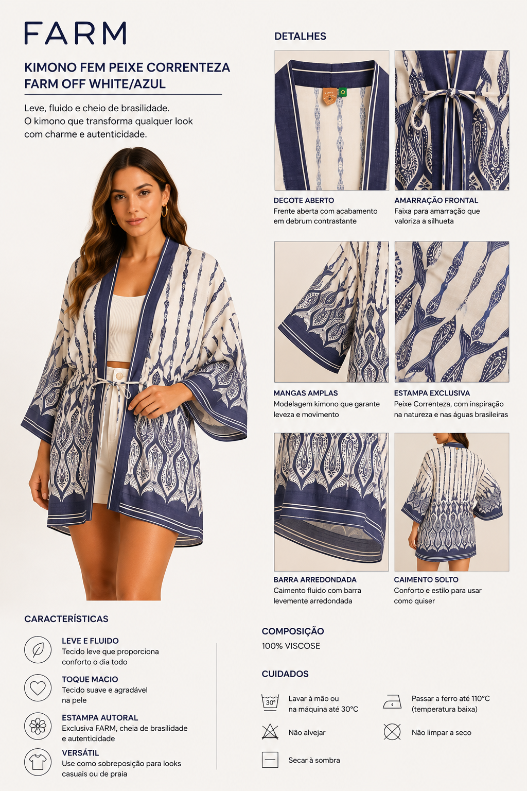 KIMONO FEM PEIXE CORRENTEZA FARM OFF WHITE/AZUL