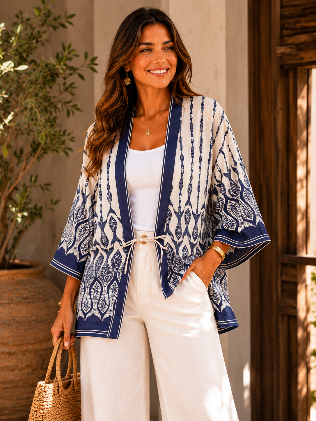 KIMONO FEM PEIXE CORRENTEZA FARM OFF WHITE/AZUL