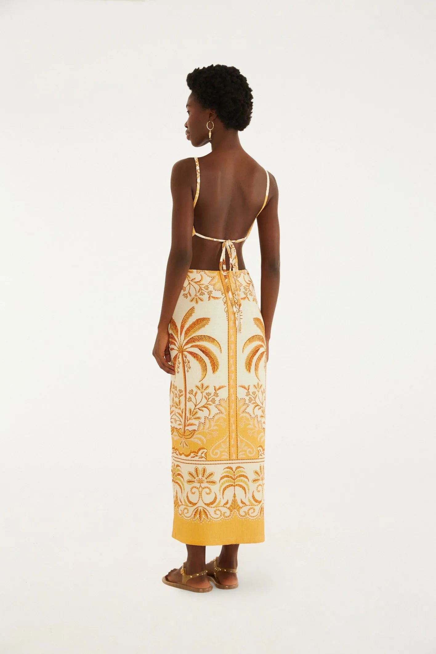 VESTIDO MIDI PAISAGEM TROPICAL IMPORT BEGE