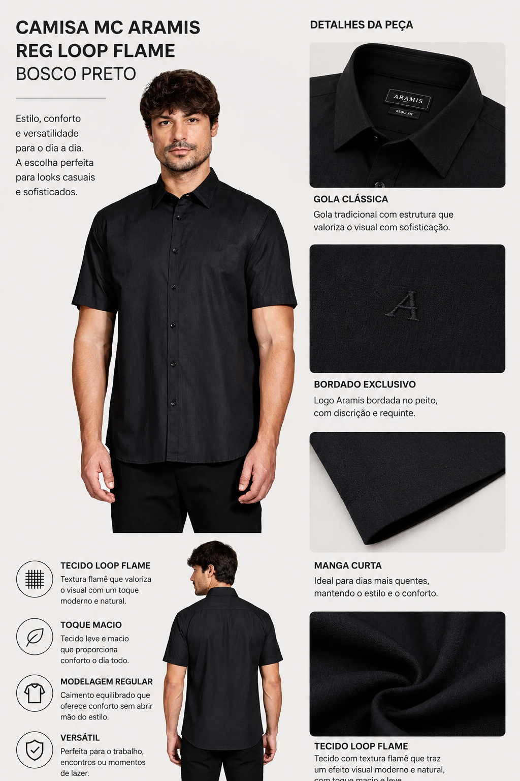 CAMISA MC ARAMIS REG LOOP FLAME BOSCO PRETO