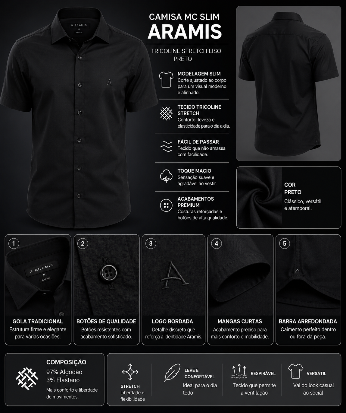 CAMISA MC SLIM TRICOLINE STRETCH LISO PRETO