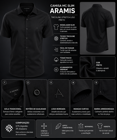 CAMISA MC SLIM TRICOLINE STRETCH LISO PRETO