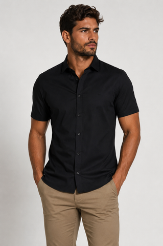 CAMISA MC SLIM TRICOLINE STRETCH LISO PRETO