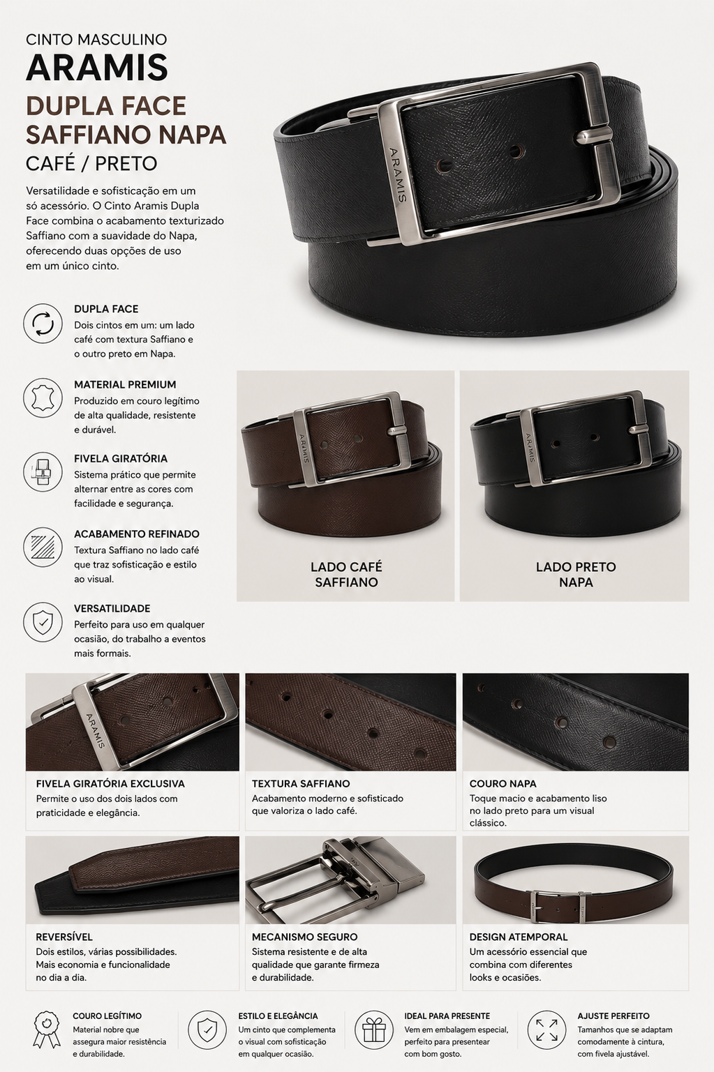 CINTO DUPLA FACE SAFFIANO NAPA ARAMIS CAFE/PRETO
