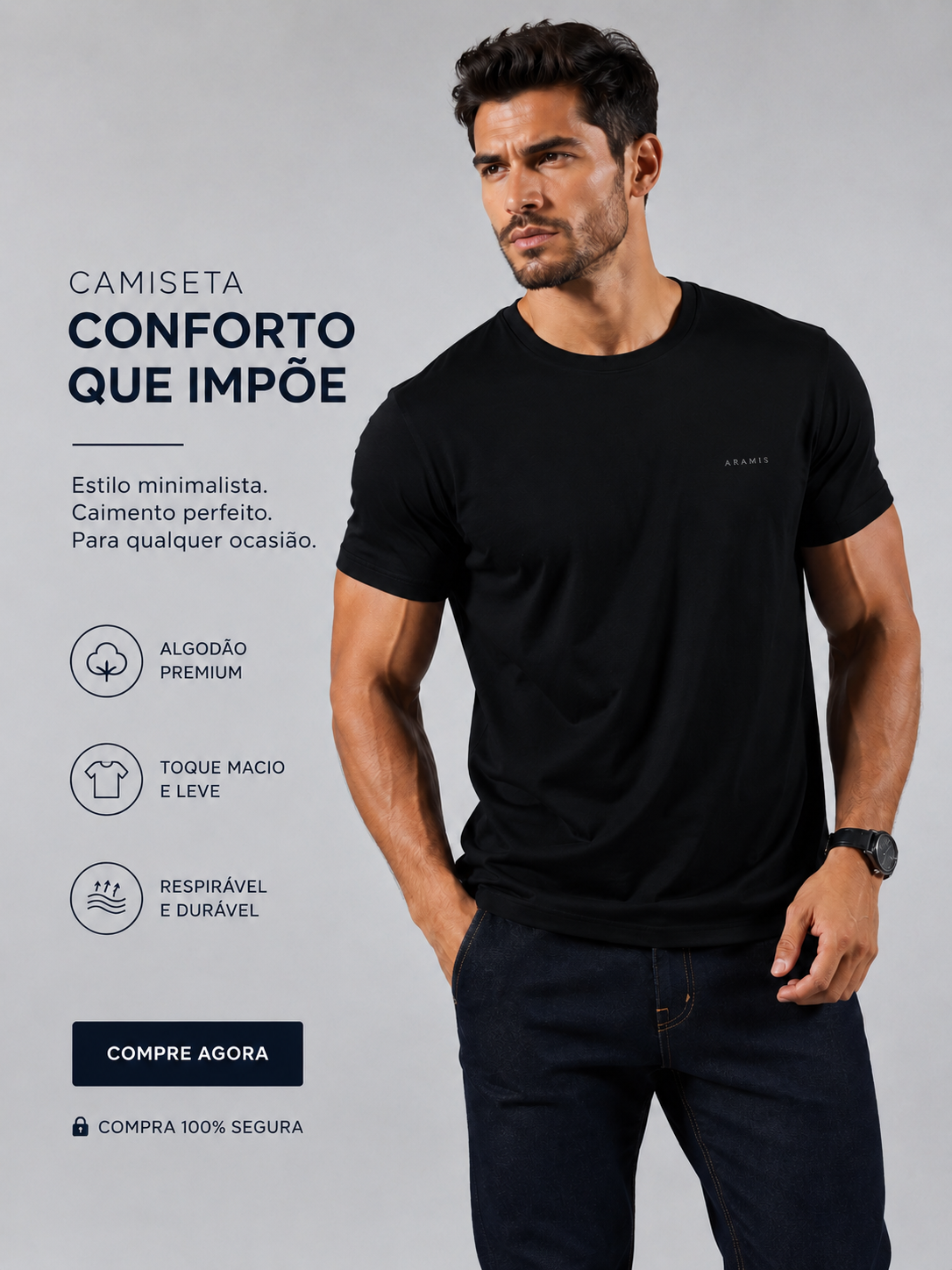 CAMISETA MC ARAMIS ESTAMPA FOLHAGEM PRETO