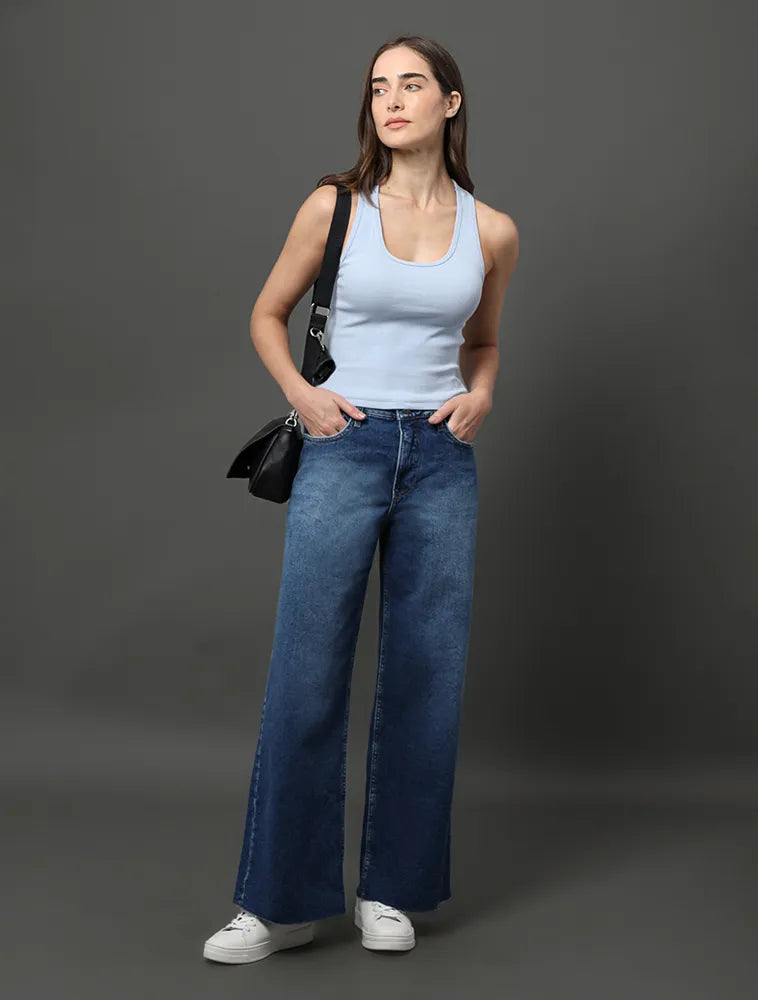 CALCA CKJ FEM JNS CROPPED WIDE LEG B FIO MARINHO