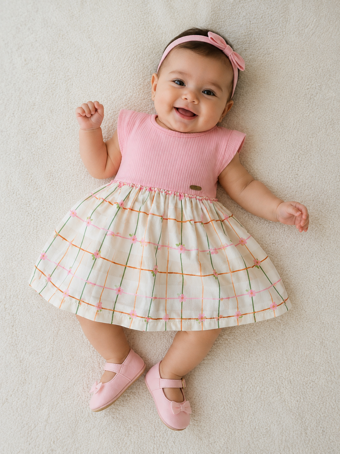 VESTIDO E CALCINHA BB XADREZ COM FLORES ROSA/OFF WHITE