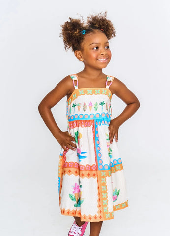 VESTIDO DELICIAS DE VERAO ALPHABETO OFF WHITE/LARANJA