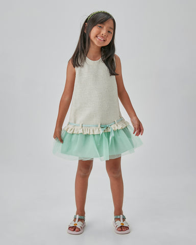 VESTIDO JUMPER TWEED LACO LUREX E RENDA VERDE CLARO