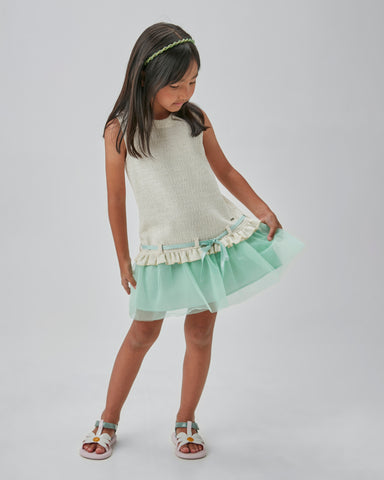 VESTIDO JUMPER TWEED LACO LUREX E RENDA VERDE CLARO