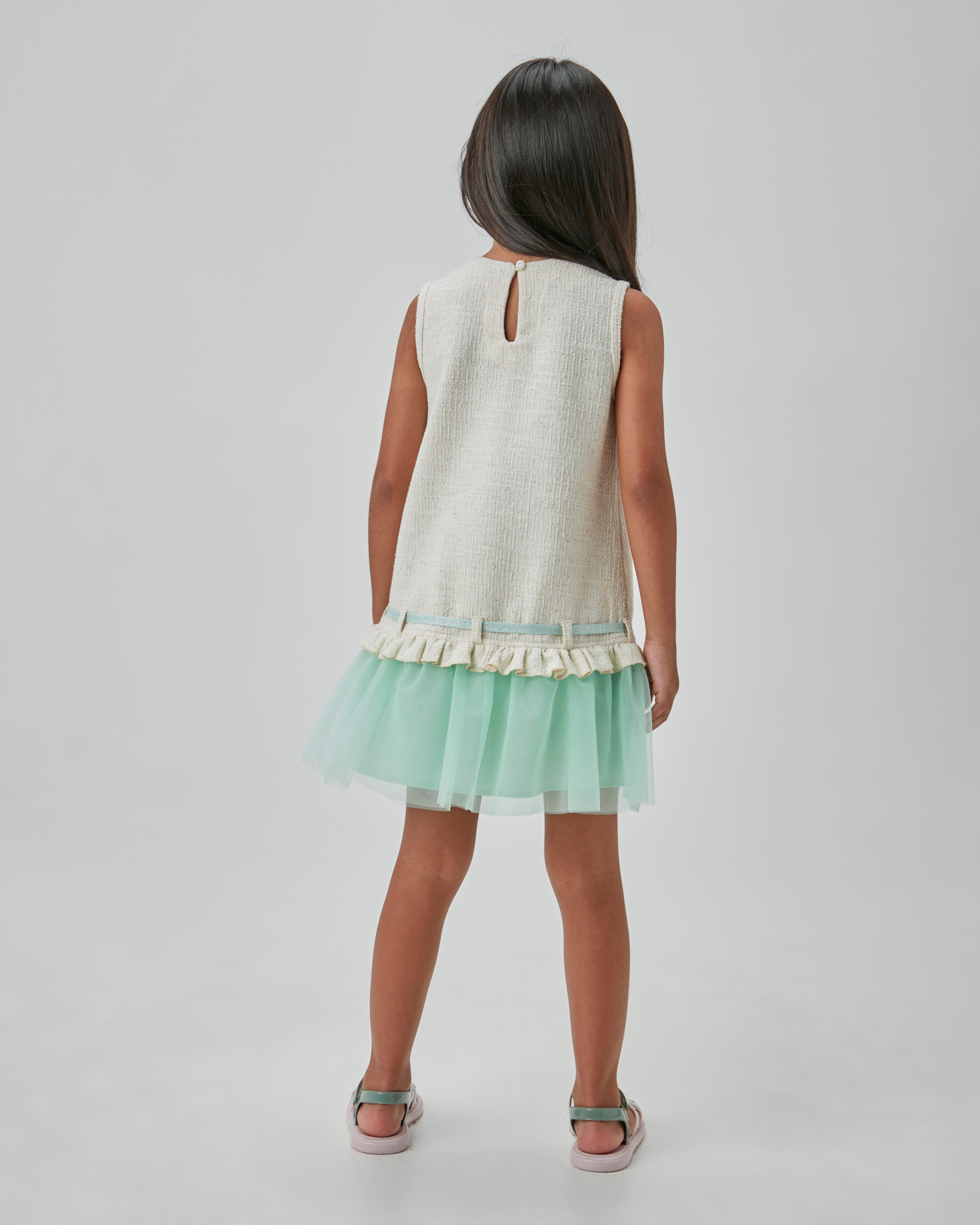 VESTIDO JUMPER TWEED LACO LUREX E RENDA VERDE CLARO