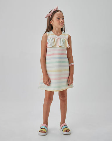 VESTIDO TEXT LISTRADO BABADO BUSTO OFF WHITE