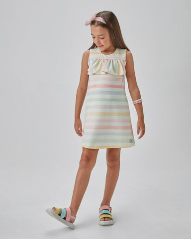 VESTIDO TEXT LISTRADO BABADO BUSTO OFF WHITE