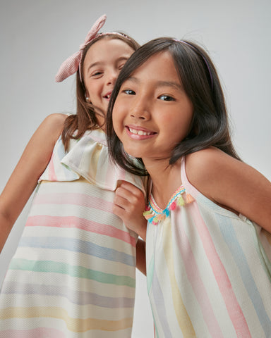 VESTIDO TEXT LISTRADO BABADO BUSTO OFF WHITE