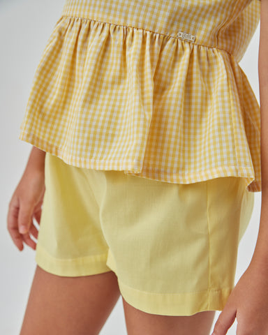 CONJ FEM BATA XADREZ E SHORT LISO AMARELO CLARO