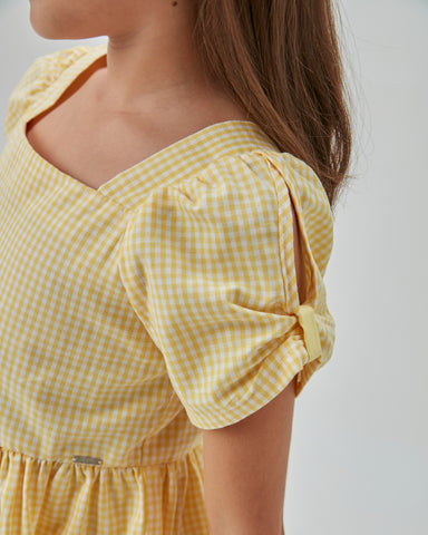 CONJ FEM BATA XADREZ E SHORT LISO AMARELO CLARO