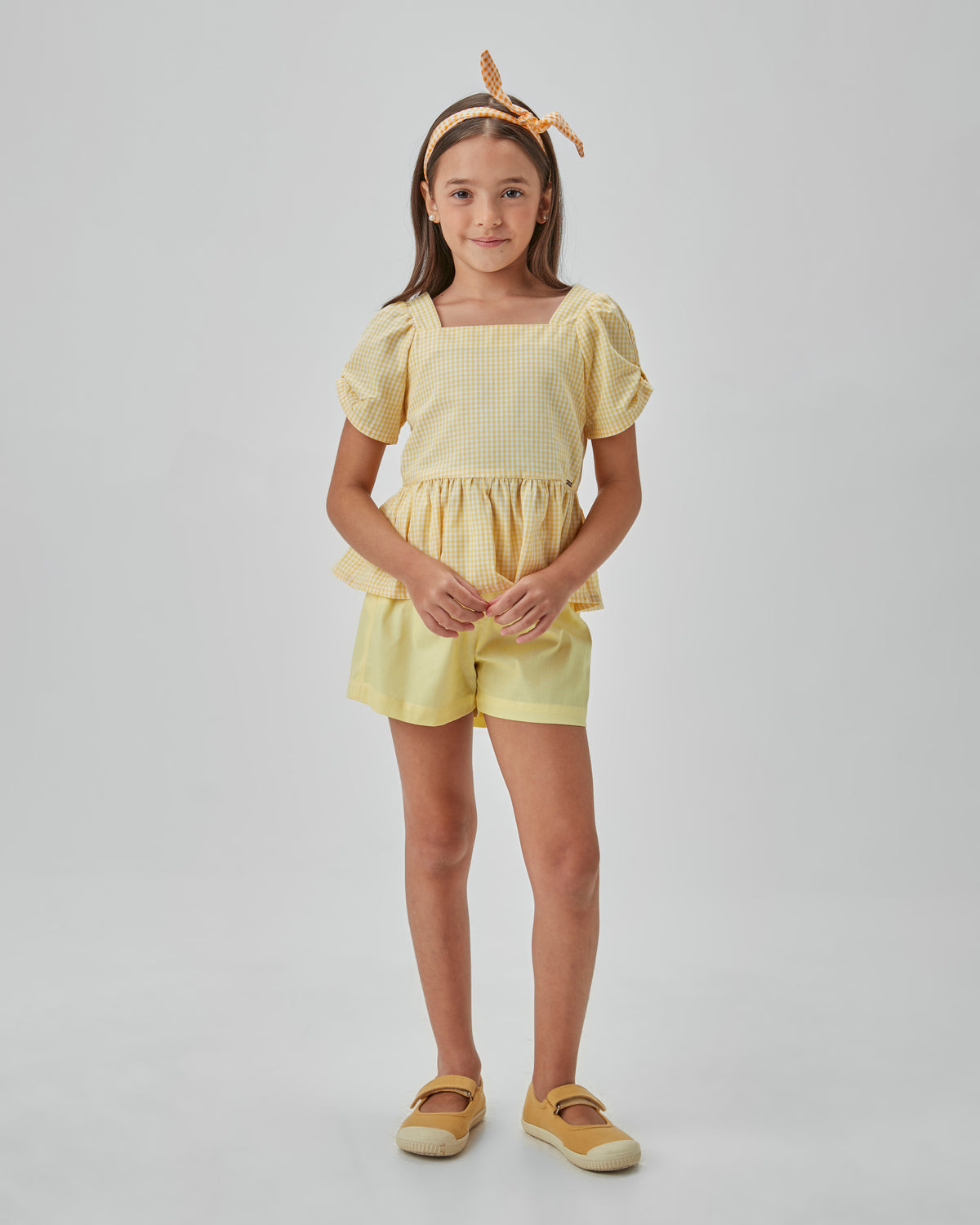 CONJ FEM BATA XADREZ E SHORT LISO AMARELO CLARO