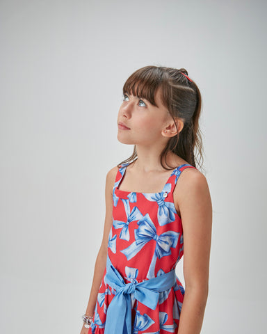 VESTIDO RODADO ESTAMPA LACOS VERMELHO