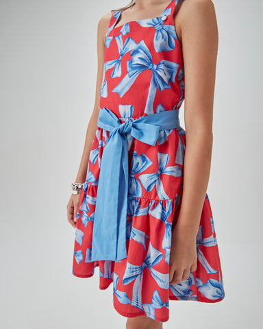 VESTIDO RODADO ESTAMPA LACOS VERMELHO