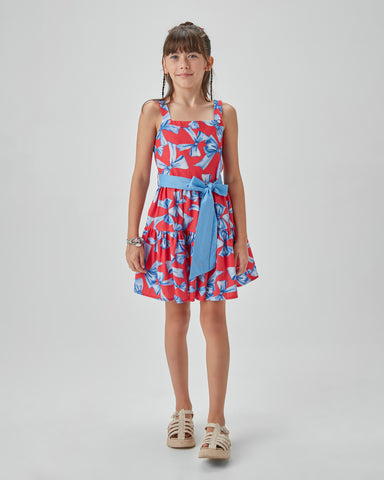 VESTIDO RODADO ESTAMPA LACOS VERMELHO