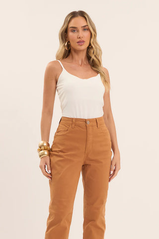 CALCA FEM MOM LAVANDA EM SARJA MASCAVO