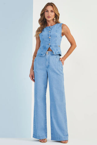 CALCA FEM ROSA EM JEANS COM ELASTANO JEANS MEDIO