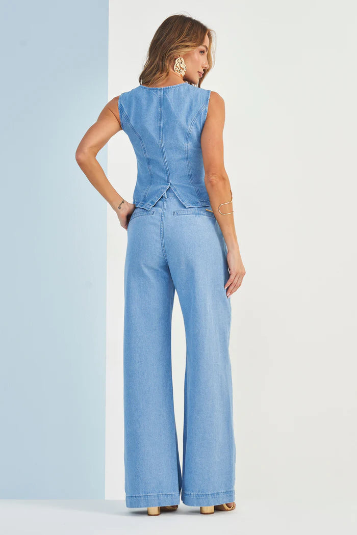 CALCA FEM ROSA EM JEANS COM ELASTANO JEANS MEDIO