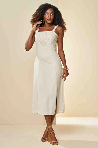 VESTIDO MIDI DE ALCAS EM SARJA LINHO NATURAL