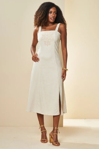 VESTIDO MIDI DE ALCAS EM SARJA LINHO NATURAL