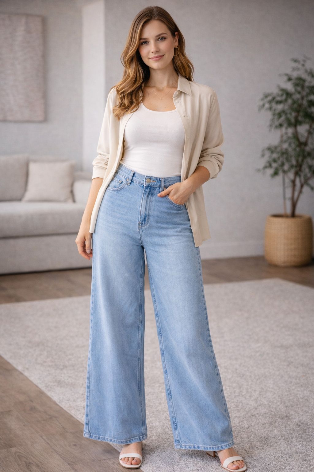 CALCA FEM WIDE LEG ROSA EM JEANS JEANS MEDIO