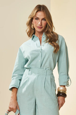 CAMISA FEM ML EM PLANO ALGODAO FLAME AZUL PASTEL