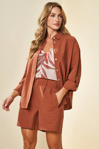 SHORTS FEM EM PLANO ALGODAO FLAME CACAU