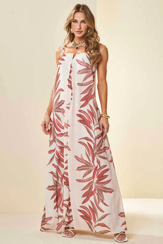VESTIDO LONGO DE ALCA PLANO CHIFFON SOFT PEROLA LISTRAS TROPICAIS