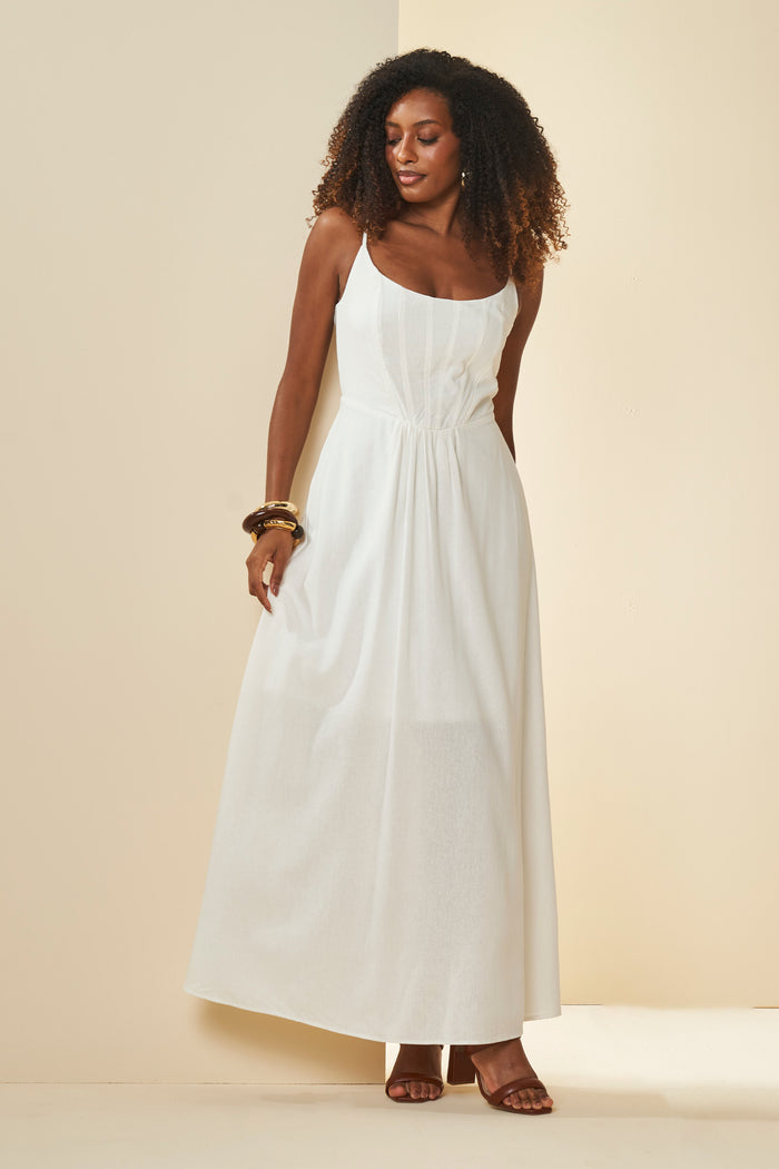 VESTIDO LONGO DE ALCA EM PLANO LINEN OFF WHITE