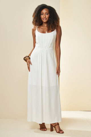 VESTIDO LONGO DE ALCA EM PLANO LINEN OFF WHITE
