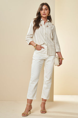 CAMISA FEM MANGA 3/4 PLANO LINEN SHINE NATURAL